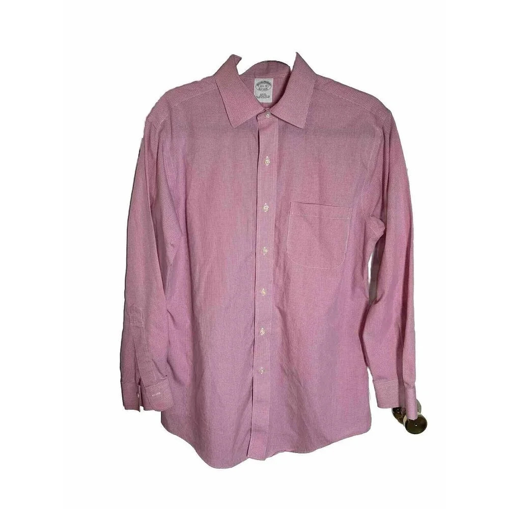 Brooks Brothers Men's Dress Shirt 15.5/32 Checkered Button Up Shirt Pink Work